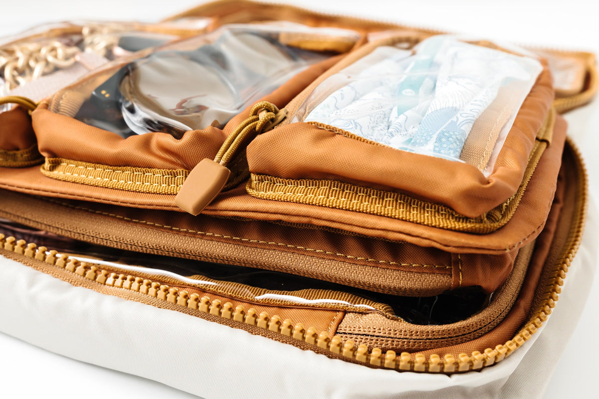 Close-up of a tan and brown travel organizer pouch with clear plastic pockets containing sunglasses and a light blue patterned item, shown on a white background.
