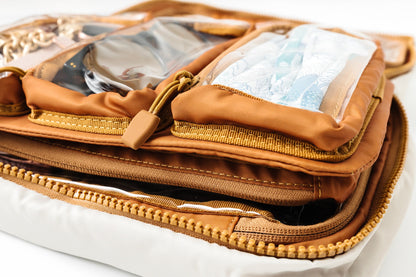 Close-up of a tan and brown travel organizer pouch with clear plastic pockets containing sunglasses and a light blue patterned item, shown on a white background.
