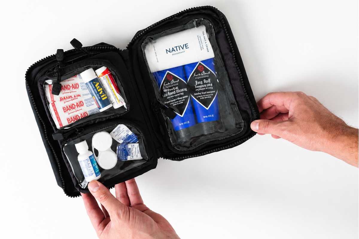 An open black zippered travel grooming kit on a white background, showing compartments with a toothbrush, toothpaste, safety nail clipper, toothpick box, blue shave product, electric trimmer, and cotton swabs. A hand is reaching in to grab one of the items.